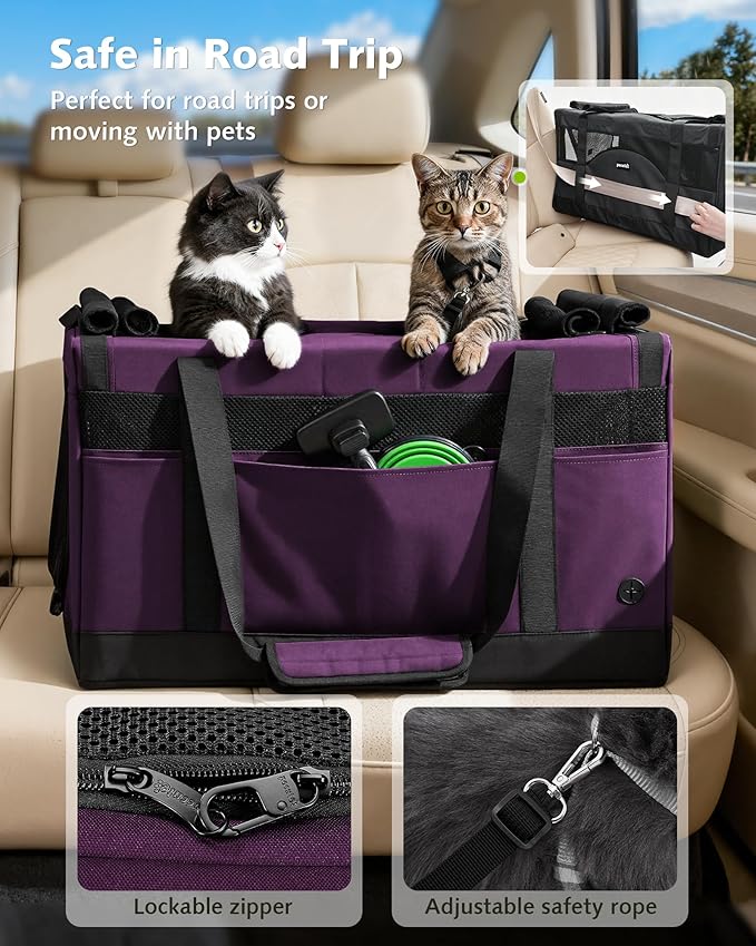 Pecute Dual Compartment Pet Carrier for Multi-Cat Families & Small Dog Owners, Collapsible Dog Crate with Reinforced Steel Frame, Car Safety Design for Travel, Vet Visits & Home Use, Purple