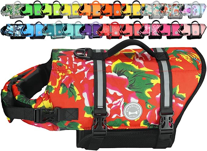 VIVAGLORY Rip Stop Dog Life Vest, Swimming Vest with Handle, Buoyancy for Doggy Puppy, Dog Life Jacket for Swimming & Boating, XL, Northeast Florals-Red