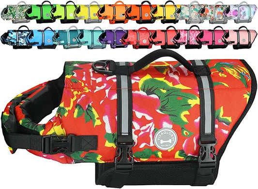 VIVAGLORY Rip Stop Dog Life Vest, Swimming Vest with Handle, Buoyancy for Doggy Puppy, Dog Life Jacket for Swimming & Boating, XL, Northeast Florals-Red