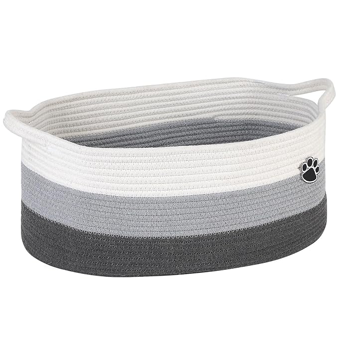 Optish Dog Toy Basket, Toy Storage Box and Bin with Handles, 19.7" X 11" X 7.9" (30L) Large Woven Rope Basket for Blankets, Living Room, Bedroom, White & Grey