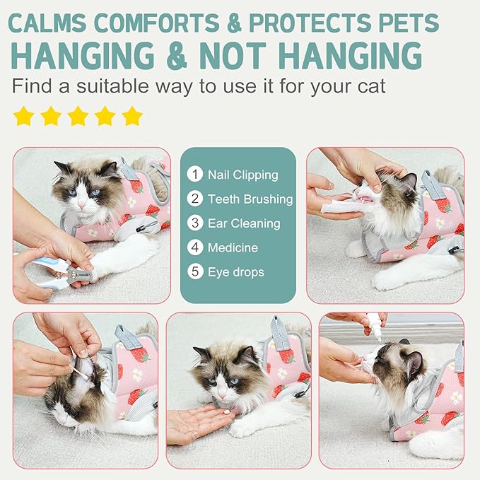 Supet Cat Grooming Hammock Harness for Nail Trimming, Cat Grooming Hanging Sling for Nail Clipping, Pet Restraint Holder for Cutting Nails, Medicine, Ear & Teeth Cleaning, Eye Care (Strawberry M-2)