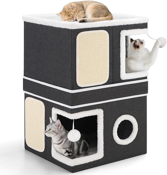 2-Storey Cat House for Indoor Cats, Separate Into 2 Large Cat Bed Cave with Hideaway Condos, Scratch Pads, Hanging Balls, Foldable Indoor Cat House, Cat Cube for Multiple Cats Kitten, Black