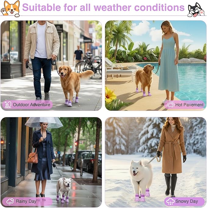Dog Shoes for Hot Pavement and Snow - Waterproof, Non-Slip, Breathable Booties with Adjustable Straps for Small Medium, and Large Dogs (Purple, XL)