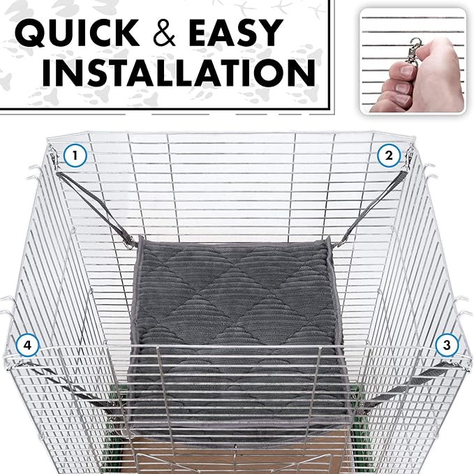 Ferret Hammock for Cage - Plush Double Bunk Bed Hanging Clips - Perfect for 2 or More Small Pets! (Rats, Ferrets, Hamsters, Guinea Pigs, Chinchillas & Squirrels) - Grey