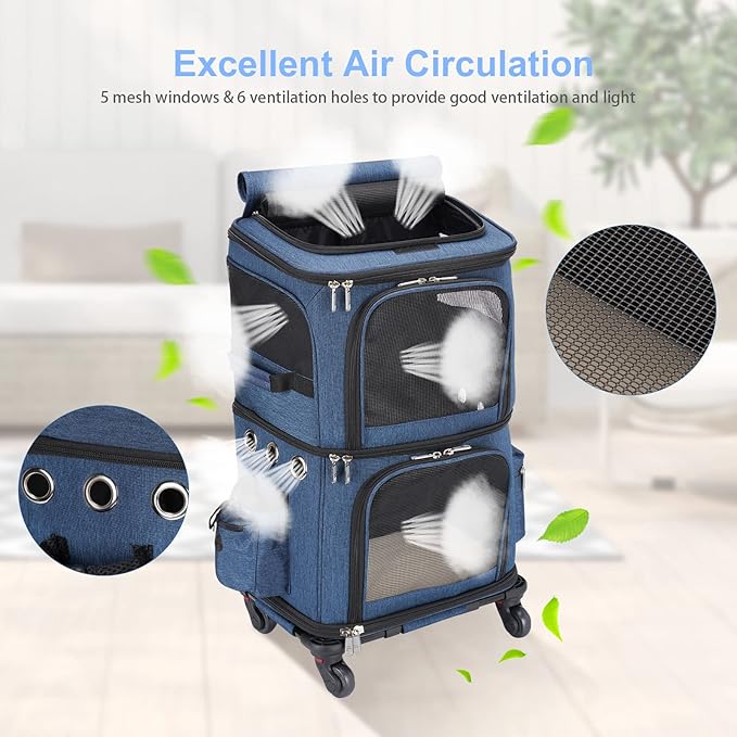 HOVONO Double-Compartment Pet Carrier Backpack with Wheels for Small Cats and Dogs, Cat Rolling Carrier for 2 Cats, Perfect for Traveling/Taking a Walk/Trips to the Vet, Blue