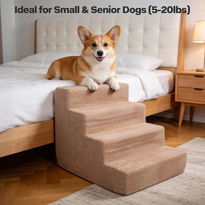 Pawise 4 Step Dog Stairs for Small Dogs Cats, Brown Mesh Pet Steps, Non-Slip Pet Stairs for High Bed Couch, Indoor Portable Dog Ramp with Zipper Bottom for Medium Large Dogs and Puppy