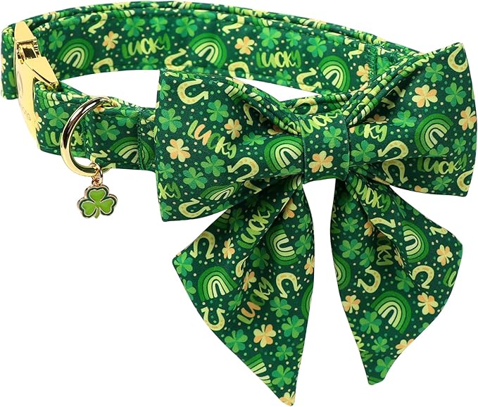DOGWONG St. Patrick's Day Dog Collar with Sailor Bow Tie- Lucky Shamrock Bowtie Collar for Girl Boy Dog, Trefoil Dogs Collars Durable Adjustable, S