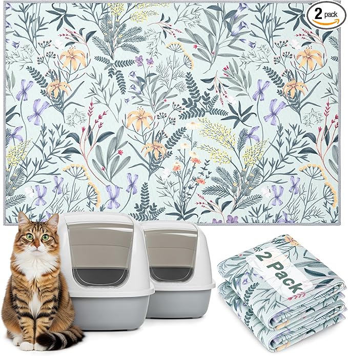Bienbee Cat Litter Mat, 2PCS 33"x22" Machine Washable Litters Box Mats Non-Slip &Waterproof Cat Litters Trapping Mats Easy to Clean Mat for Litter Box Less Waste Protects Floors Green Leaves L