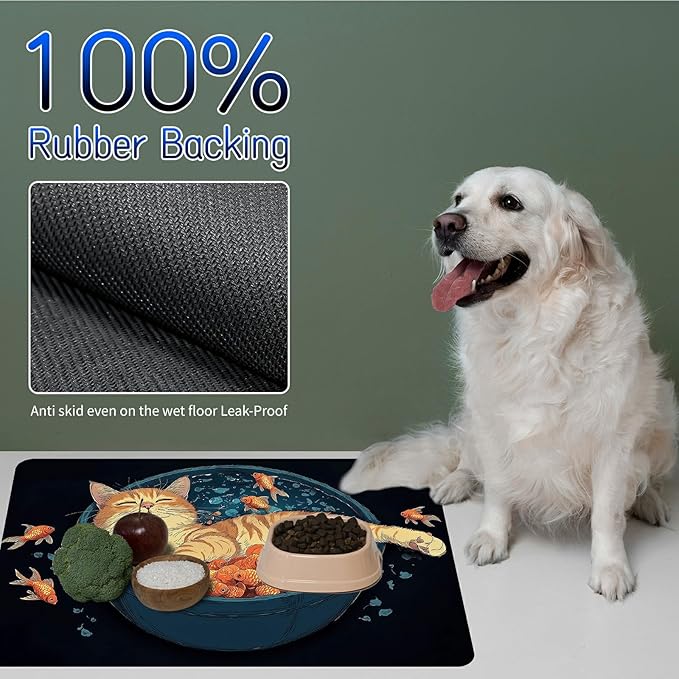 Dog Food Mat, 19.6" x 23.6" Absorbent Pet Feeding Mat for Food and Water, Waterproof Diatom Mud Pet Placemat with Non-Slip Rubber Backing, Easy Clean Cat Bowl Mat for Floors - Cat and Fish