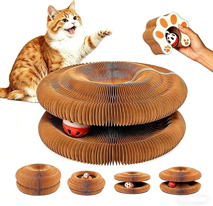 Kitty Curls Cat Toy, Magnetic Magic Organ Cat Scratch Board, Foldable Cat Accordion Toy, Interactive Track Scratcher Pad with Toy Catnip Bell, Durable Eco-Friendly Ring for Play, Chase & Scratch