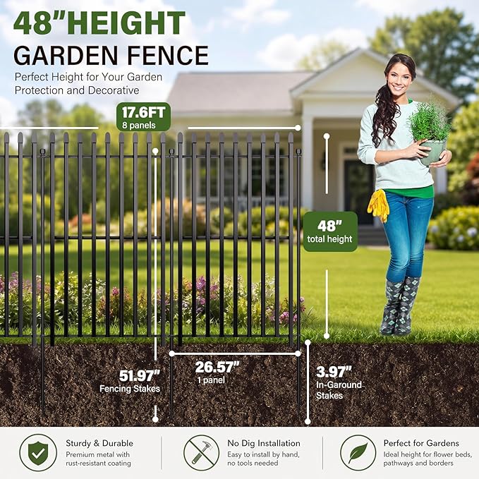 8 Panels No Dig Decorative Garden Fence, 48in(H)×17.6ft(L) Heavy-Duty Rustproof Metal Panels, Outdoor Dog Barrier for Yard & Patio, Landscape, Border| Portable Temporary Fencing