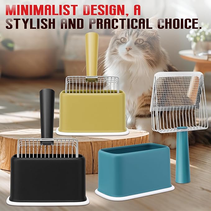 Metal Cat Litter Scoop with Holder, Heavy Duty Deep Sifter with Dual-Hole (10mm/5mm) for Pellets & Clay, Non-Stick (Black)