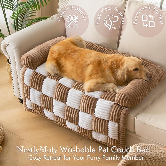 Dog Bed for Couch with Bolster, Comfy Couch Cover for Dogs Washable, Non-Slip Plush Furniture Protector, Calming Fuzzy Lounge Mat, Pet Sofa Accessories (Brown, Small)