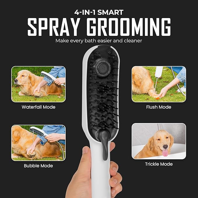 Dog Shower Attachment with 4 Spray Modes, 6.5ft Stainless Steel Hose & Metal Diverter – Easy-Install Kit with Grooming Gloves and Absorbent Microfiber Pet Towel – Indoor/Outdoor Use