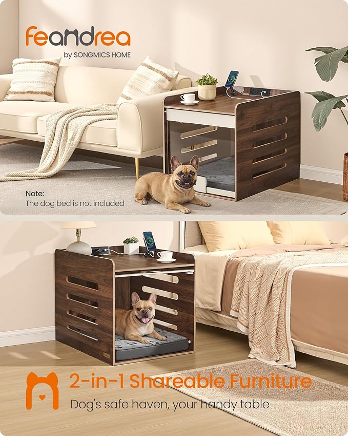 Feandrea Modern Dog Crate Furniture with Charging Station, Medium Kennel Indoor with Flip-up Hidden Acrylic Door, for Small and Medium Dogs up to 45 lb, Pet Side End Table Cage, Natural Walnut