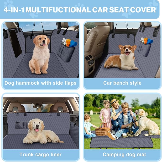 ZRRAJOY Dog Car Seat Cover for Back Seat, Waterproof Protector with Side Flaps, Scratchproof Hammock, Non-Slip Bottom for Cars/Trucks/SUVs (Grey)