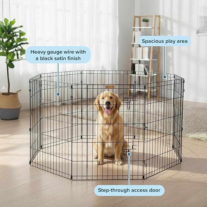 Dog Playpen - Foldable Metal Exercise Puppy Play Pen with 8 24x30in Panels - Indoor/Outdoor Pen with Door for Dogs, Cats or Small Animals by PETMAKER
