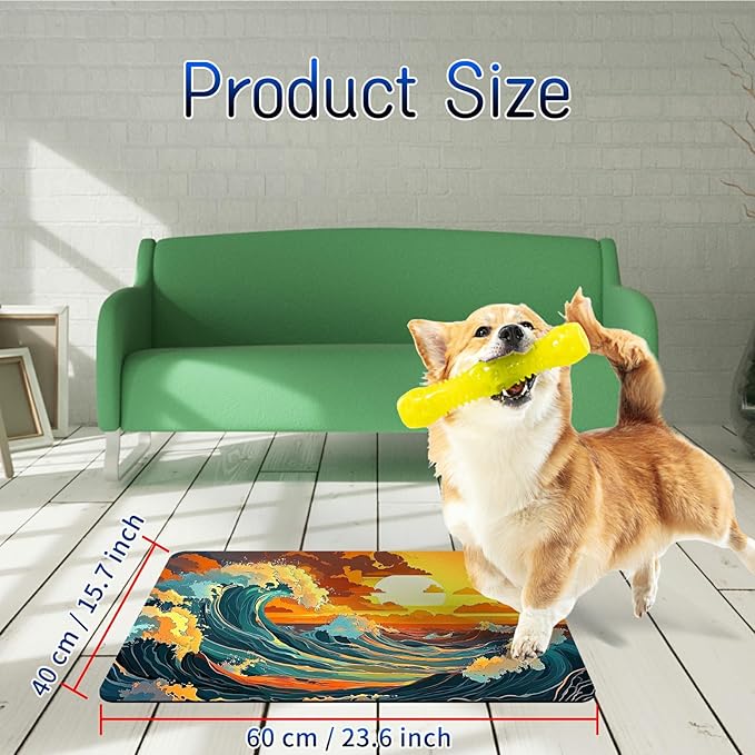 Dog Food Mat, 15.7" x 23.6" Absorbent Pet Feeding Mat for Food and Water, Waterproof Diatom Mud Pet Placemat with Non-Slip Rubber Backing, Easy Clean Cat Bowl Mat for Floors - Sunset Waves