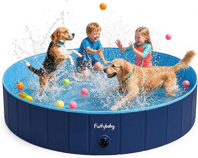 Furrybaby Dog Pool, Kiddie Pool Hard Plastic Foldable Dog Pools for Large Dogs Portable Pet Doggie Wading Swimming (Navy 63'') Indoor and Outdoor