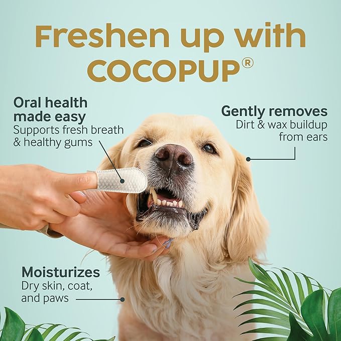 Cocopup Dog Teeth Cleaning Wipes | Pet Dental Finger Wipes | Dogs and Cats Tooth Cleaning Pads Plaque Remover Ear Nose Paws Fur Cleaners | Contains Coconut Oil | 3 Pack of 50
