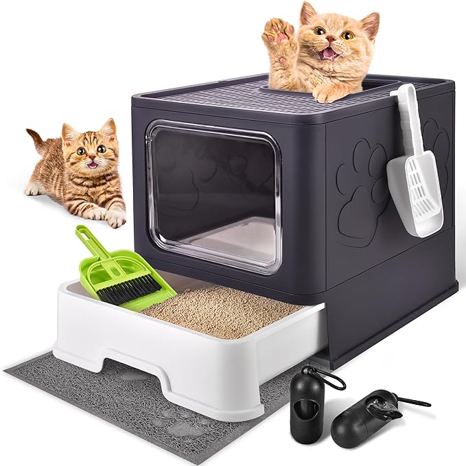 Covered Cat Litter Box with Litter Mat, Foldable Extra Large Dual Entry Adjustable Door, Drawer Design Enclosed Kitty Litter Box, Odor Control Anti-Splashing Easy Cleaning (Purple)