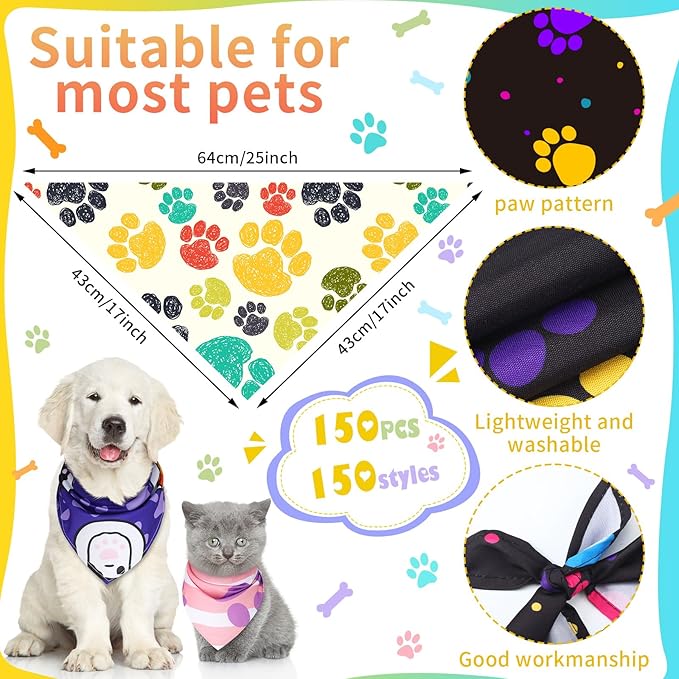 Huhumy 150 Pcs Paw Dog Bandanas Bulk Pet Bibs Colorful Triangle Scarf Pet Paw Bandanas for Medium Large Dogs Spring Summer Birthday Costume Decoration
