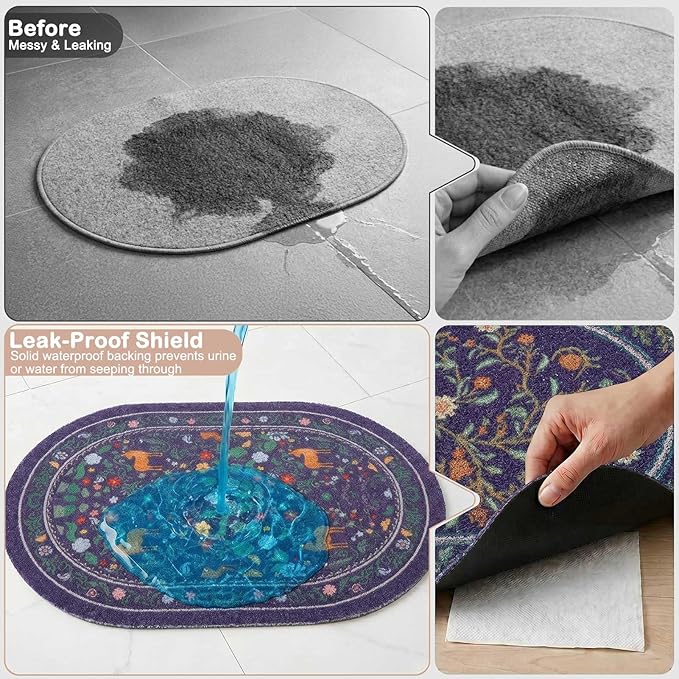 Bienbee Cat Litter Mat, 33" x 22" Large Size Litter Box Mat Rug with Non-Slip Bottom,Urine and Water Proof, Easy to Clean Cat Supplies Essentials for Indoor Kitty Kitten Floor, Dark Blue Flowers L