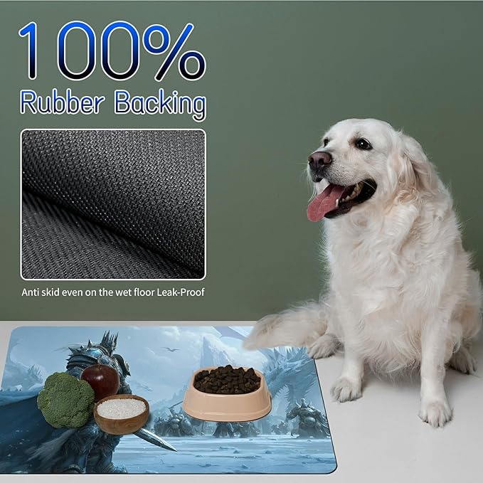 Dog Food Mat, 19.6" x 23.6" Absorbent Pet Feeding Mat for Food and Water, Waterproof Diatom Mud Pet Placemat with Non-Slip Rubber Backing, Easy Clean Cat Bowl Mat for Floors - Snow Dragon Man