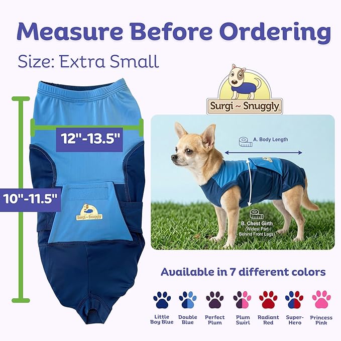 Surgi Snuggly Dog Surgery Recovery Suit - Dog Onesie for Post Surgery Recovery, Female Spay & Male Neuter, Surgical Suit for Dogs, E-Collar Cone Alternative, Double Blue - Extra Small - 10"-11.5" (EC)