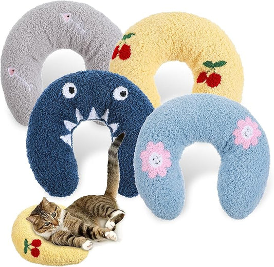 4 Pcs Pillows for Cats Puppy Bed, Soft Fluffy Pet Calming Toy, Half Donut U Shaped Pet Neck Pillow, Training Toy Joint Relief Cervical Protection (4 Patterns)