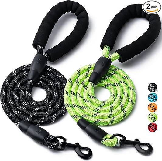 2 Pack Dog Leash, 4/5//6 FT Heavy Duty Nylon Rope Pet Leashes with Comfortable Padded Handle, Reflective Dog Leashes for Small Medium and Large Dogs (6FT-1/2,Black/Green)