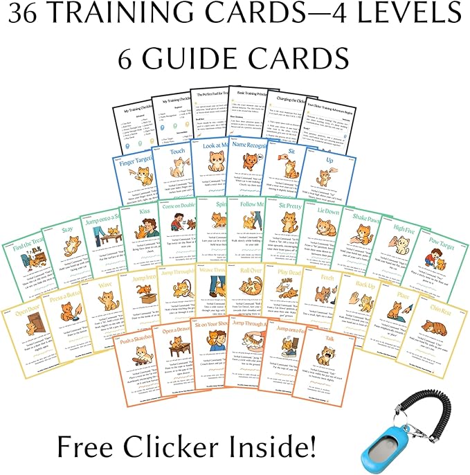 Cat Clicker Training Kit with 36 Trick Cards - Complete Set Includes Pet Clicker & Progress Chart for Fun, Bonding, and Positive Behavior Training in Cats & Kittens