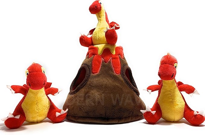 MODERN WAVE - Interactive Squeaky Plush Hide and Seek Squirrel Type Puzzle Toy for Dogs, Medium Size (Volcano and Dragons)