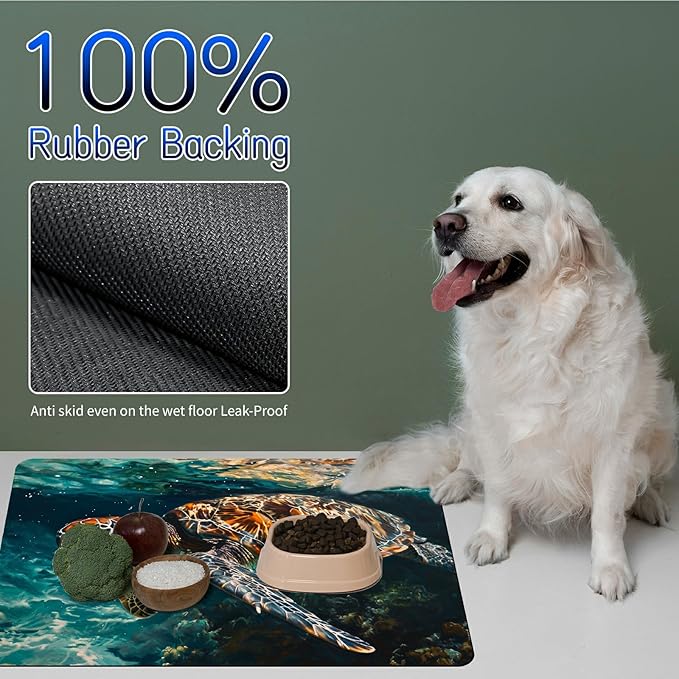 Dog Food Mat, 19.6" x 23.6" Absorbent Pet Feeding Mat for Food and Water, Waterproof Diatom Mud Pet Placemat with Non-Slip Rubber Backing, Easy Clean Cat Bowl Mat for Floors - Ocean Sea Turtle