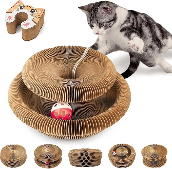 Magnetic & Reversible Cat Cardboard Scratcher, Cat Toys for Indoor Cats, Collapsible Ball Track with Bell, Interactive Cat Toys for Chasing and Scratching, for Both Adult & Kittens Cat