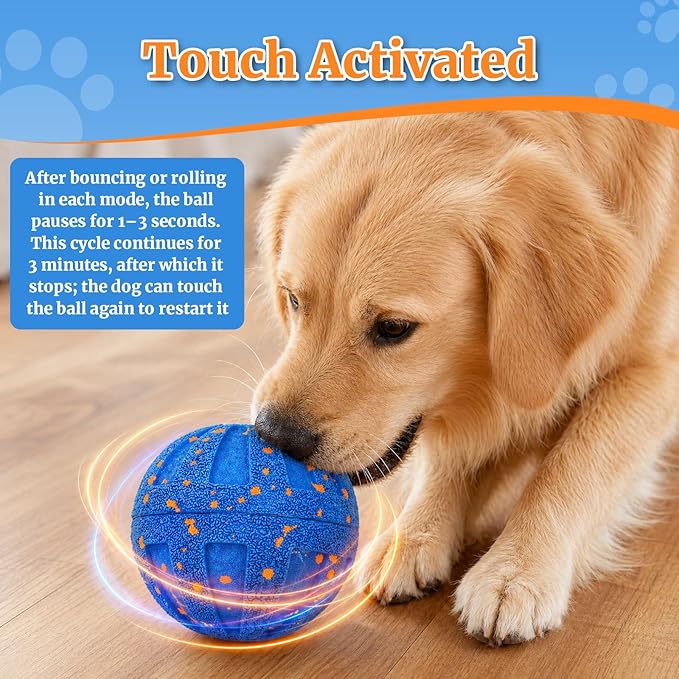 Interactive Dog Toys, Automatic Moving Dog Balls Self Rolling Vibrating Bouncing Ball for Dogs Medium & Large E-TPU Smart Dog Toys Stimulating for Boredom-Blue