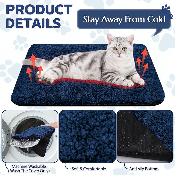 Self Warming Cat Bed Pad Self Heating Pet Mat Warmer Bed Mat for Feral and Indoor Washable Thermal Pet Kennel Pad with Anti-Slip Bottom(Blue,16 x 20 Inch)