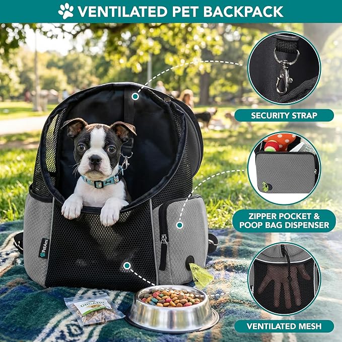 PetAmi Dog Carrier Backpack, Hands Free Front Pet Carrier for Small Cats Puppies, Adjustable Ventilated Reflective Pet Travel Bag for Hiking Camping Biking Walking, Up to 10 lbs, Gray
