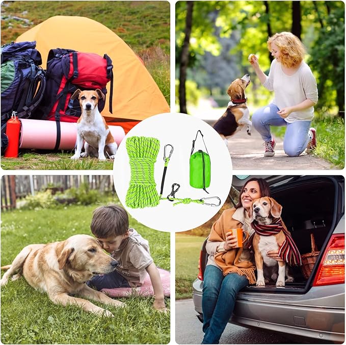 XiaZ Dog Tie Out Cable for Camping, 75FT Portable Overhead Trolley System for Dogs up to 300lbs，Dog Lead for Yard, Camping, Parks, Outdoor Events,5 min Set-up, Green