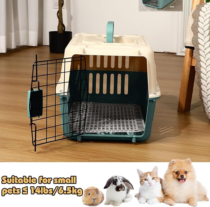 2 Set Hard Plastic Pet Carrier Breathable Dog Cat Kennel with Metal Door Bowl Grille Mat Pet up to 14 Lbs Carrier for Walking Camping Vet Visits Travel, 17.3"L x 11.8"W x 10.6"H(Blue White)