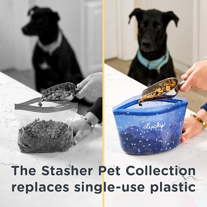Stasher Pet Reusable Food Storage Puppy Essentials Kit, 4-Cup Dog Travel Bag, Treat Bags & Dog Food Can Lids, Airtight Seal, Food Grade Silicone, Freezer & Dishwasher Safe, Dog Gift