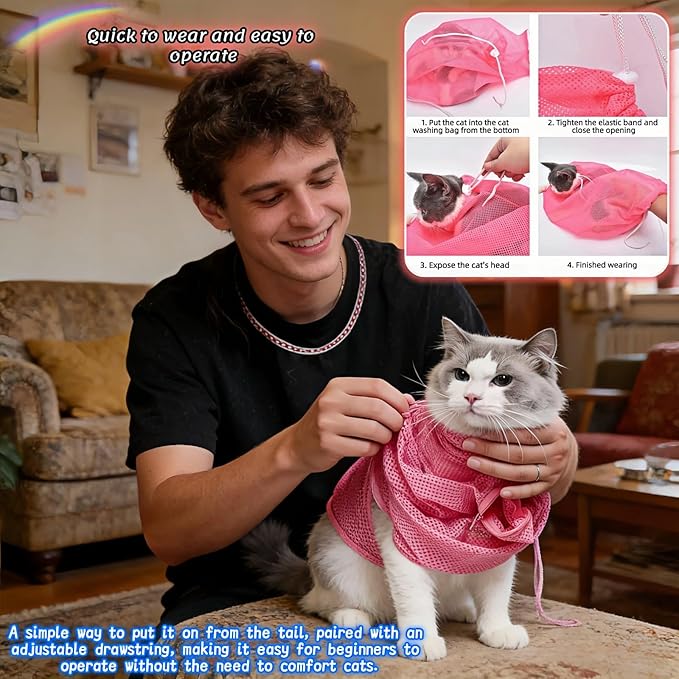 Cat Grooming Restraint Bag with Adjustable Drawstrings, Pink Mesh Bath Bag for Bathing, Nail Trimming, Ear Cleaning, Breathable Polyester with Zipper Design and Handheld Design (Pink)