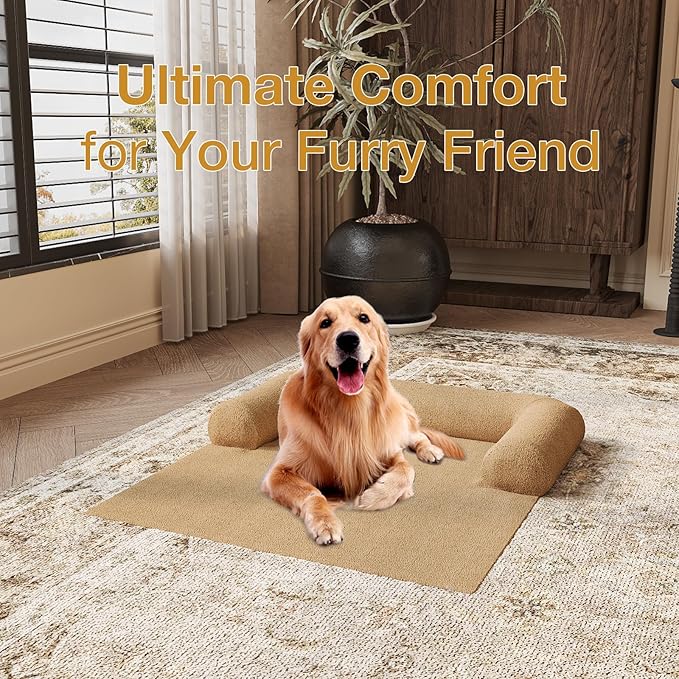 Orthopedic Dog Bed Mat for Large Dogs, Washable Sofa Protector Pet Bed with 3-Sided Bolster, Shredded Memory Foam & Plush Support, Non-Slip Bottom for Medium & Small Dogs (Tan)