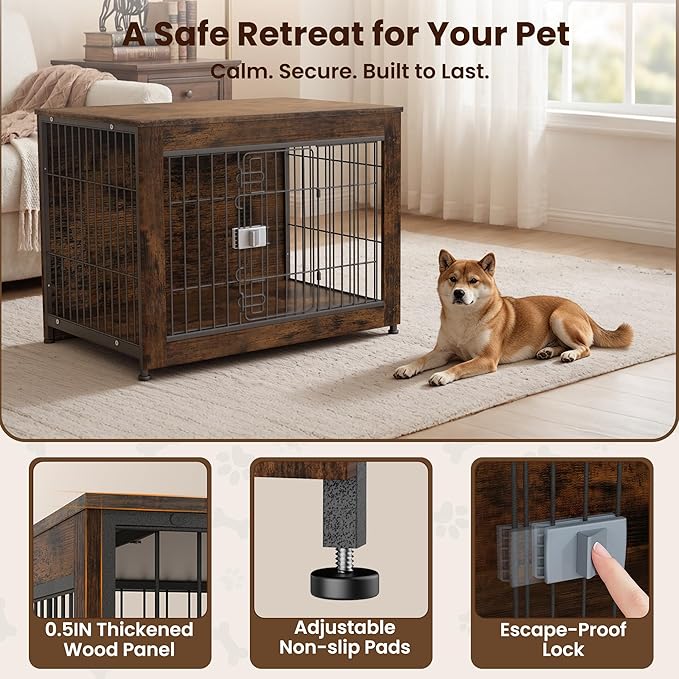 Wooden Dog Crate Furniture, 32in Dog Cage Furniture with Slide Safety Latch, Indoor Decorative End Table for High Anxiety Dogs, Furniture Style Dog Crate for Medium Dogs, Aged Black