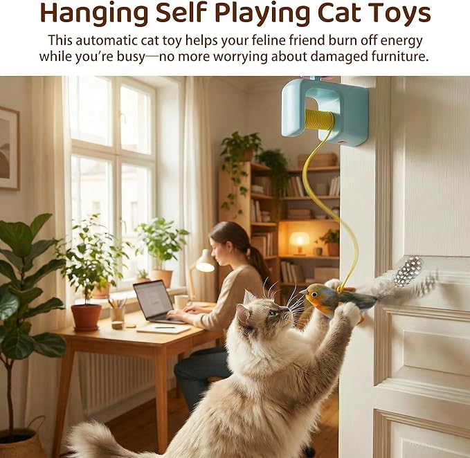 Interactive Cat Toys for Indoor Cats, Automatic Cat Hanging Toys for Bored Adult Cats, Cat Toys Realistic Bird with Catnip and Feather Chase Exercise Door Frame Cat Self Play Toys Blue
