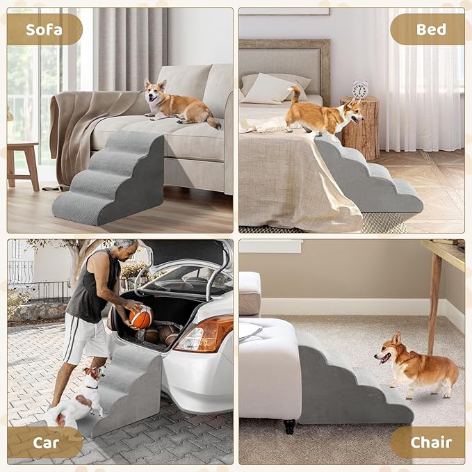 Dog Stairs for Small Dogs and Cats, Dog Stairs for Bed, 4-Step Dog Ramp, Non-Slip Sturdy Pet Steps for Small Dogs & Cats