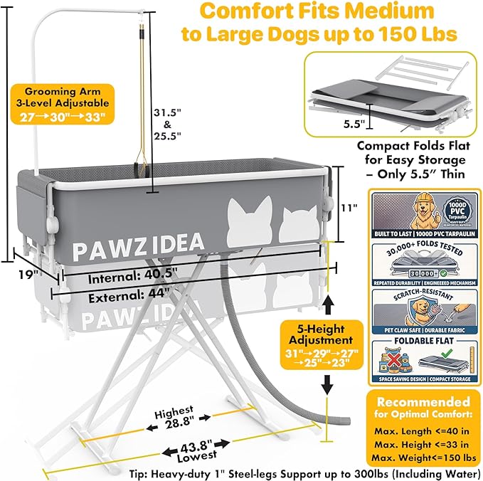 PAWZIDEA 2-in-1 Portable Dog Bathtub & Grooming Table for Medium to Large Dogs up 150lb, 43" Foldable Dog Washing Station, 5-Height Adjustable Elevated Pet Shower Bath, 1.8" Fast Drain, Indoor Outdoor