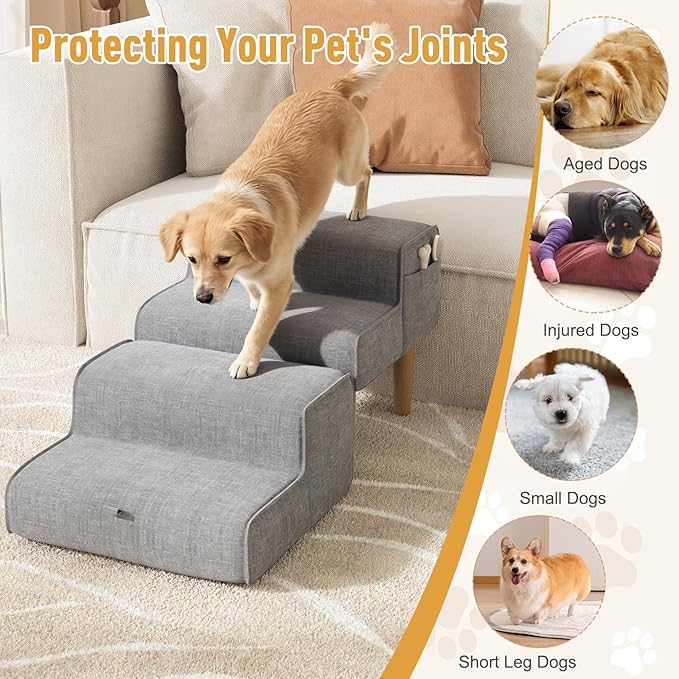 PakaLife Foldable 2-in-1 Dog Ramp Ottoman, Solid Wood Dog Steps for Bed & Couch, Washable Cover, 135lb Capacity, for Small, Senior Dogs & Old Cats to Get on Bed