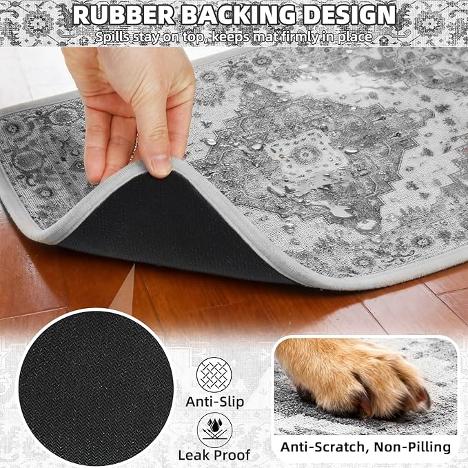 PUPTECK Dog Food Mat, Absorbent Pet Feeding Bowl Mat, Non-Slip Dog Mat for Food and Water, Quick Dry No Stains Cat Placemats Pet Supplies for Messy Drinkers, Grey 16"x24"