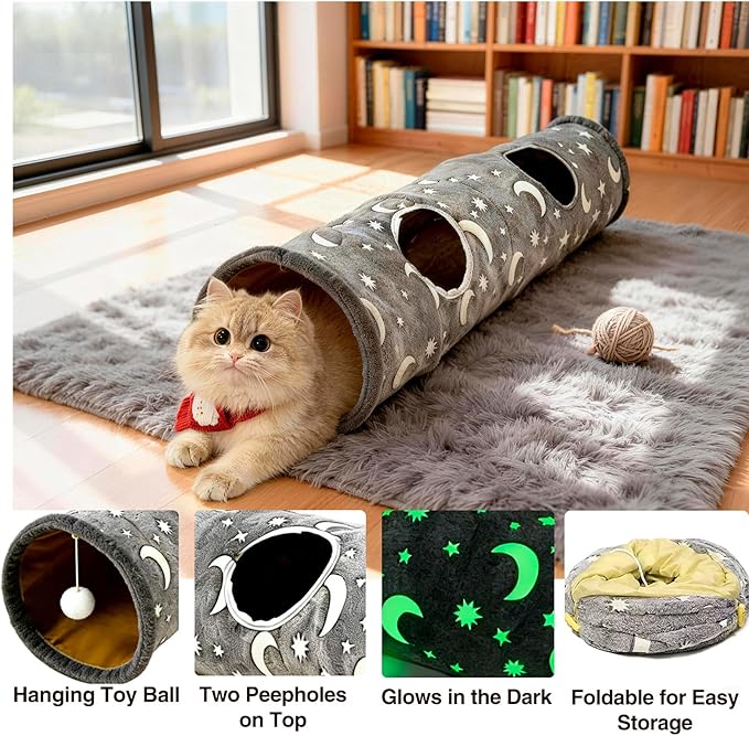 Glow-in-the-Dark Cat Tunnel for Indoor Cats Large Foldable Cat Play Tunnel with Hanging Ball 2 Peepholes Interactive Cat Toy for Kittens Pet Tunnel for Small Dogs Cat Tube for Indoor Cats